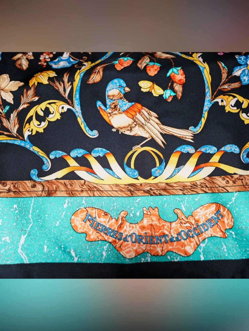 Hermès Pierres d'Orient et d'Occident Silk Twill Scarf Carré 90 Teal Multicolor
